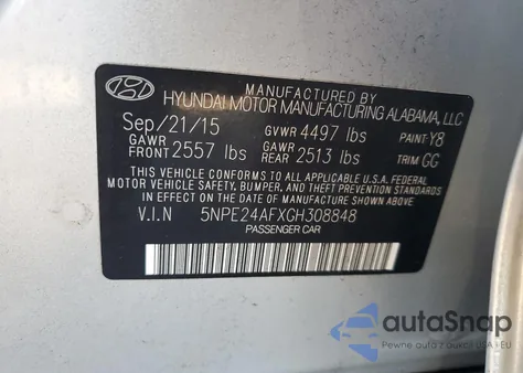 2016 Hyundai Sonata Se from USA, damaged, VIN 5NPE24AFXGH308848